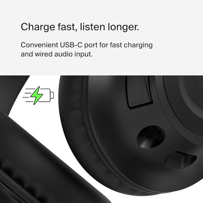 Belkin SoundForm Inspire Bluetooth Kids Headphones, 35H Battery Life | Over-ear wireless headset, built-in mic, 85dB safe volume limit, online learning, travel, iPad, iPhone, Galaxy - color: Black, style: Wireless