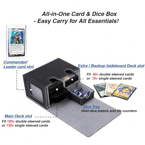 Venssu MTG Deck Box for Commander Display with Dice Tray (Black＆Grey) | Holds 200 Single/160 Double-Sleeved Cards, Fit MTG/PTCG/OPTCG Cards, Strong Magnet, With 2 Dividers & 1 Magnetic Card Holder - color: Black＆Grey