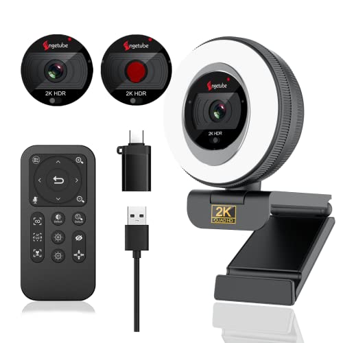 Angetube 2K Webcam for PC/Laptop/Mac, 1080P Computer Camera with RingLight | Remote, Low-Light Correction, 2 Mics and Privacy Cover, Auto Focus Digital Zoom, HDR Web Camera for Zoom/Skype/Teams