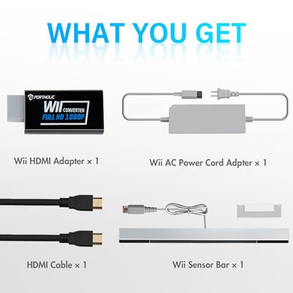 PORTHOLIC 4 in 1 Wii Replacement Cables Set, Wii AC Power Adapter + Wii to hdmi Converter+ Wired Motion Sensor Bar and Composite Audio Video Cable for Nintendo Wii - color: Black