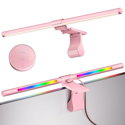Quntis 20" Pink Monitor Light Bar with 15 RGB Modes, Flat & Curved Fits | Eye-care No Glare Ra95 Frontlight with Remote Stepless Brightness & Color Temperature, WFH Gaming Reading, Modern Aesthetic - color: Pink