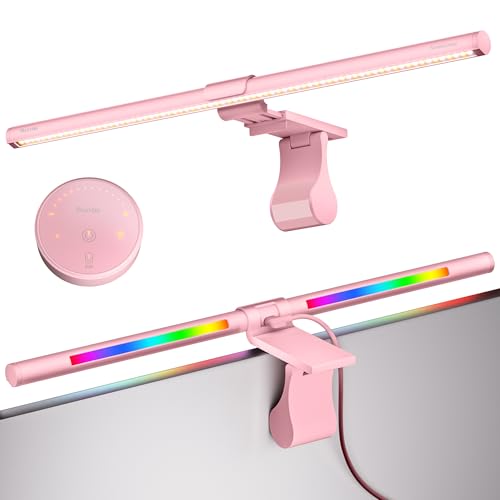 Quntis 20" Pink Monitor Light Bar with 15 RGB Modes, Flat & Curved Fits | Eye-care No Glare Ra95 Frontlight with Remote Stepless Brightness & Color Temperature, WFH Gaming Reading, Modern Aesthetic - color: Pink