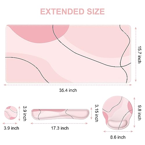 iCasso Pink Art 4in1 Desk Mat, 35.4"x15.7" Keyboard Pad for Travel | Dreamy Ergonomic Desk Pad Including Keyboard Wrist Rest, Mousepad Set for Women Workspace Table Computer Setup - color: Pink Art