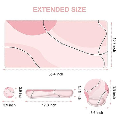 iCasso Pink Art 4in1 Desk Mat, 35.4"x15.7" Keyboard Pad for Travel | Dreamy Ergonomic Desk Pad Including Keyboard Wrist Rest, Mousepad Set for Women Workspace Table Computer Setup - color: Pink Art