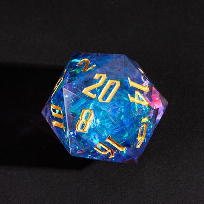 Cusdie Single D20 DND Dice with Sharp Edges and Glitter Foil Inclusions, 20 Sided D&D Dice, 33mm Handcrafted Polyhedral Dice, for Role Playing Game (Purple with White Swirl) - color: Purple With White Swirl