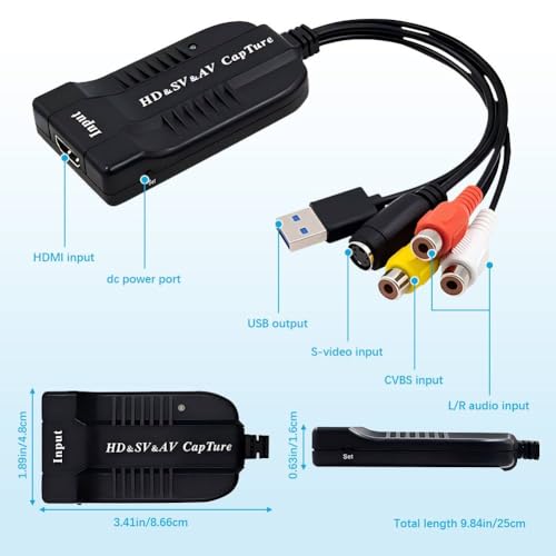 USB Video Capture Card HDMI/AV/RCA/S-Video to USB 2.0 Audio Video Capture Card Device 1080P HD 30fps for Live Streaming,Camcorder,Gaming,VCR,VHS,DVD,PS4,PS5