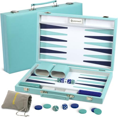Large Turquoise Backgammon Set for Adults - Classic Board Game for 2 Players Adults and Kids - Premium 15 Inch Backgammon Board with 32 Playing Pieces in Quality PU Leather Case - style: Premium Turquoise