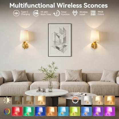 Battery Operated Wall Sconces Set of 2, Wireless Rechargeable Dimmable Wall Light with RGB Bulb and Remote for Bedroom, Living Room, Hallway (Gold) - color: Gold