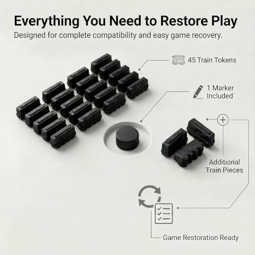 Replacement Train Pieces Compatible with Ticket to Ride (Black) | Includes 45 standard train tokens, one marker and additional spare trains. - color: Black
