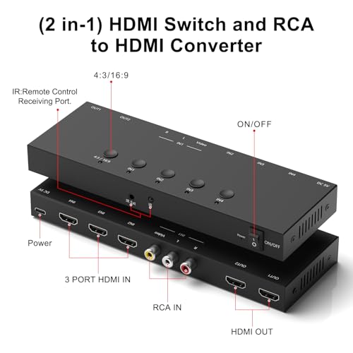 4In to 2Out HDMI/AV Switch (1 AV Input+3 HDMI 2.0 Inputs) RCA to 2Port HDMI Converter for PS1/2/3/4/5, N64, SNES, Switch, DVD, Roku etc. - style: 3HDMI+AV to 2HDMI Converter