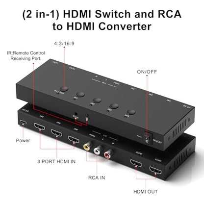 4In to 2Out HDMI/AV Switch (1 AV Input+3 HDMI 2.0 Inputs) RCA to 2Port HDMI Converter for PS1/2/3/4/5, N64, SNES, Switch, DVD, Roku etc. - style: 3HDMI+AV to 2HDMI Converter
