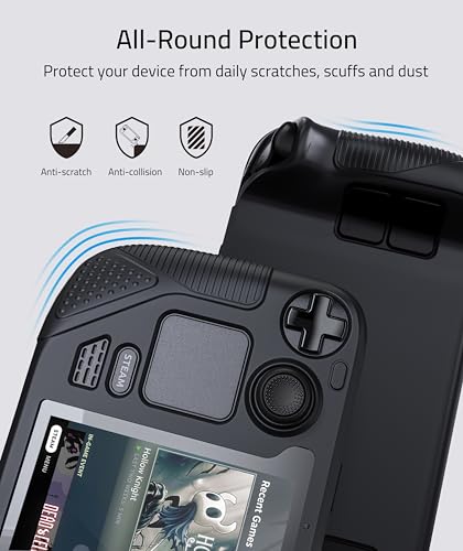 Syntech Protective Silicone Case for Steam Deck OLED & LCD - Black | Upgraded Zero-Gap Fit Fixes Edge Sagging, All-Round Shock Absorption, Non-Slip Grips & Complimentary Thumb Caps Included - color: Black