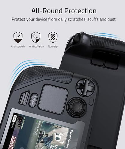 Syntech Protective Silicone Case for Steam Deck OLED & LCD - Black | Upgraded Zero-Gap Fit Fixes Edge Sagging, All-Round Shock Absorption, Non-Slip Grips & Complimentary Thumb Caps Included - color: Black