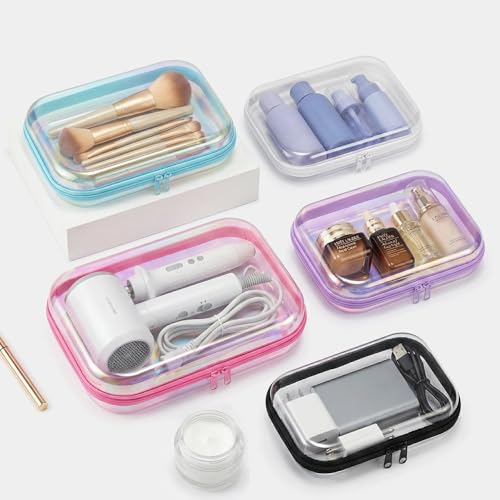 Clear Hard Shell Organizer Cases, 2 Pack | Iridescent PET shell with water-resistant, scratch-resistant surface for travel, toiletries, electronics and daily essentials - color: Blue
