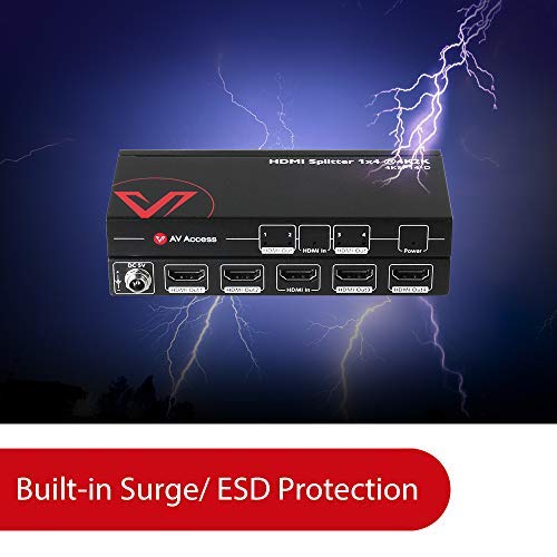 4K HDMI Splitter 1 in 4 Out 1080p 3D, PCM7.1, Dolby TrueHD, DTS-HD Master Audio, Auto EDID, Threaded Power Supply, with Built-in ESD Protection (One Input Four Output) AV Access HDMI Distributor 1x4