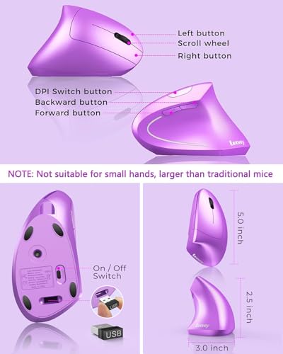 Lekvey Ergonomic Mouse, Wireless Vertical Mouse Rechargeable 2.4 GHz Optical Carpal Tunnel Mice : 800/1200 / 1600 DPI, 6 Buttons, for Laptop, PC, Mac, Computer, Desktop, Notebook etc, Purple - color: Purple