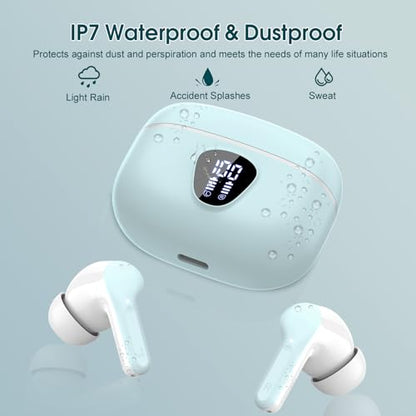 Wireless Earbuds, Bluetooth 5.4 Headphones HiFi Stereo, Bluetooth Earbuds with ENC Noise Cancelling Mic, IP7 Waterproof in Ear Earphones, 48H, LED Display Ear buds for Pad Workout Sports, Azure - color: Azure