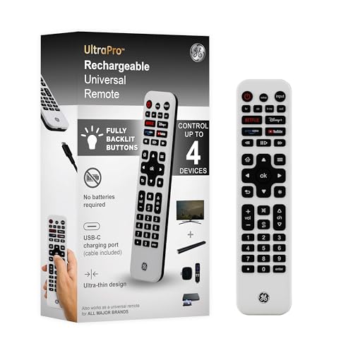 GE Rechargeable TV Remote Control, Universal Remote Control, Backlit | Samsung TV Remote Control Replacement for Smart TVs, Apple TV, Sony, Roku Replacement Remote, LG TV, 4-Device, 80984