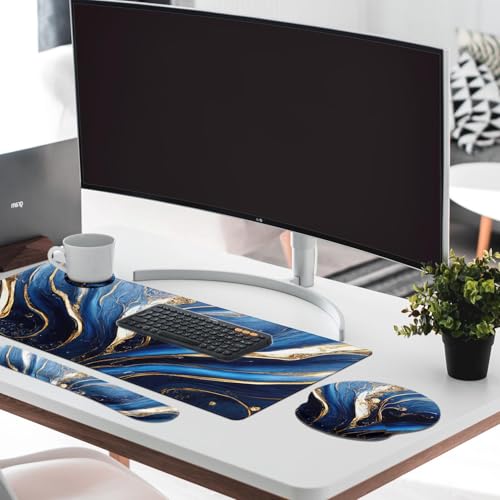 Britimes Blue and Gold Marble Keyboard Mouse Pad Set 4in1 Large Mousepad+Keyboard Wrist Rest+Mouse Wrist Rest+Coaster Set with Ergonomic Design for Home Office Computer 35.4x15.7 inches - color: Blue and Gold Marble