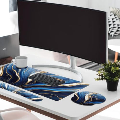 Britimes Blue and Gold Marble Keyboard Mouse Pad Set 4in1 Large Mousepad+Keyboard Wrist Rest+Mouse Wrist Rest+Coaster Set with Ergonomic Design for Home Office Computer 35.4x15.7 inches - color: Blue and Gold Marble