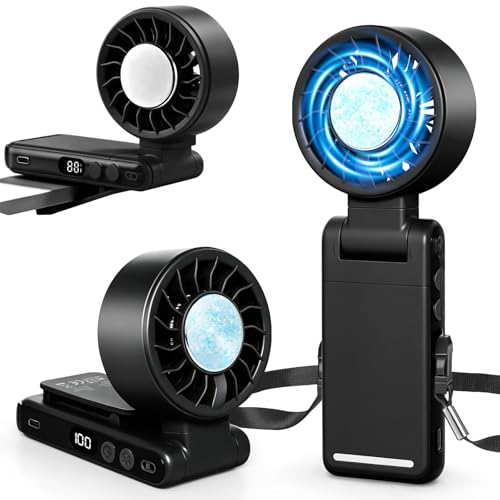 Handheld Portable Turbo Fan with Ice Cooling,5 Speed Rechargeable LED Display Foldable Hand Held Personal Clip/Neck/Waist Fan,180°& 360° Adjustable,Pocket Mini Fan for Outdoor/Home/Office (Black) - color: Black