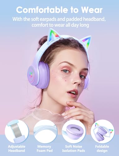 Cat Ear Bluetooth Headphones with Micphone for Kids & Adults, LED Light Up Wireless HI-FI Sound Quality, Over-Ear Headphones with Volume Control for iPhone/iPad/Laptop/PC(55H Play Time) - style: Adults-105dB-Purple