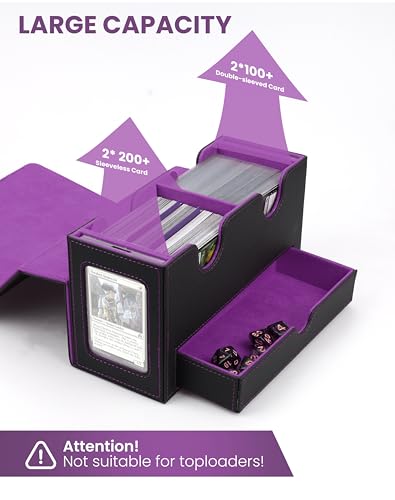 MRAUF MTG Deck Box with Double Commander Display and Dice Tray, Fits 200+ Double Sleeved Cards, Card Storage Box Plus 2 Magnetic Holders& 100Pcs Card Sleeves (Black& Purple) - color: Black& Purple