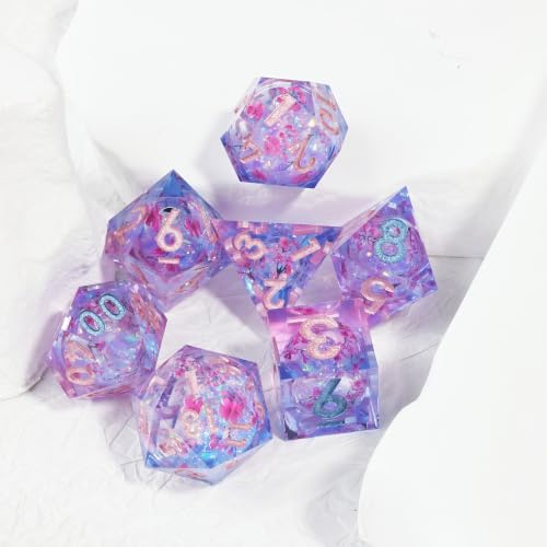 DND Dice Set, Handmade Resin Polyhedral Dice, Cherry Blossom Design, Sharp Edges, 7 Piece Set for TRPG RPG - color: Sakura Shimmer