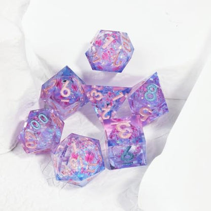 DND Dice Set, Handmade Resin Polyhedral Dice, Cherry Blossom Design, Sharp Edges, 7 Piece Set for TRPG RPG - color: Sakura Shimmer
