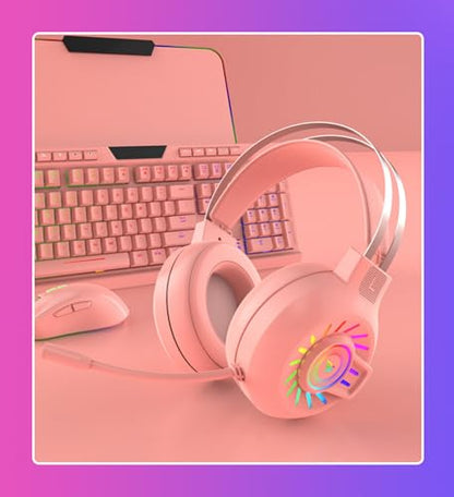 Gaming Headset,7.1 Surround Sound Wired Gaming Headset with Noise Cancelling Mic, Ultra Stable Headphones with 50mm Drivers Memory Foam, RGB Light, Pink - color: Pink