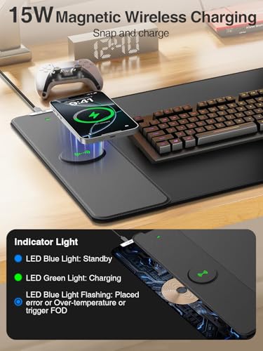 Magnetic Wireless Charging Mouse Pad, 31.5"x15.8" Large Desk Mat | Waterproof Mousepad, Smooth Glide, Stitched Edge, Non-Slip Rubber Base, Desk Pad Computer Keyboard Mat, No Adapter - color: Black-31.5"x15.8"-Mag