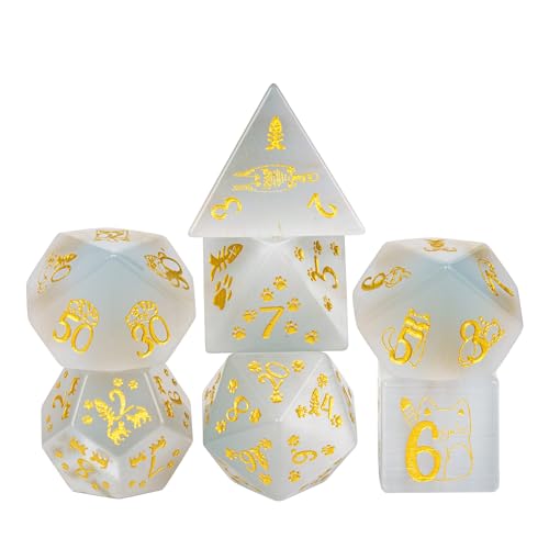 UDIXI Gemstone Dice Set White Cat's Eye Stone DND Dice for Tabletop Games | Natural Stone, Premium Gift Box, DM Gift, for Dungeons and Dragons Role Playing Games - color: White Cat's Eye（cat）