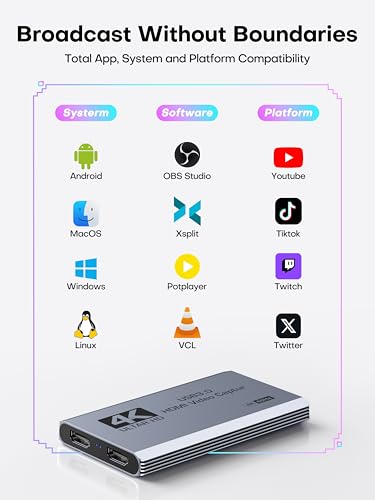 XIIXMASK Video Capture Card, USB 3.0 Capture Card 4K HDMI Loop-Out, 4K 60FPS/1080P 240FPS Video Game Capture for Works for PS5/Camera/PC/Streaming - color: Grey