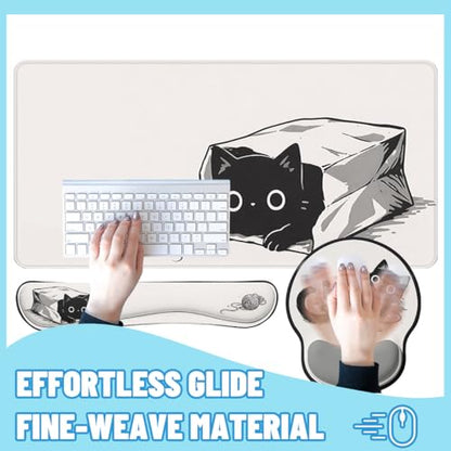 Black Cat Desk Mat Set Cute Cartoon Funny Large Mouse Pad with Wrist Rest 4-in-1 Desk Mat for Desktop Ergonomic Computer Desk Arm Wrist Anti-Slip Computer Ergonomic Mouse Pad Home Office Gaming - color: Cute Cartoon Black Cat, size: 34.5" x 15.7"