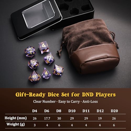 MoKo Liquid Core DND Dice Set 7PCS, Purple + Gold | Sharp Edge Resin Polyhedral, D20 D12 D10 D8 D6 D4 D%, Gift Box Included, Compatible with Dungeons and Dragons RPG - color: 1 - Purple + Gold