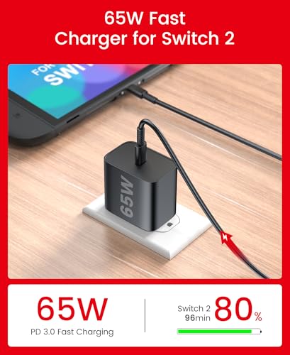 65W Switch 2 Charger with 10FT(3M) Cable - GaN3 AC Power Adapter for Nintendo Switch/OLED/Lite & Steam Deck/OLED, Original Quality, Supports 4K TV Mode, PD3.0 Fast Charger for PS4 Controller, Galaxy - size: 10FT/3M