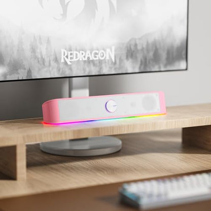 Redragon GS560 RGB Desktop Soundbar, Dynamic Lighting Bar with Audio Sync | 2.0 Stereo Enhanced Auido Quality, Touch-Control Backlit, Volume Knob, Plug & Play USB Powered Computer Speaker - color: Pink