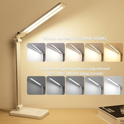 LAOPAO LED Desk Lamp, Dual Head Desk Light, 5 Levels Dimmable & 3 Color Modes Eye-Caring Table Light with USB Charging Port, Table Lamp for Reading, Studying, Home Office,White - color: White1