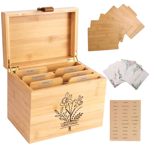 Large Bamboo Greeting Card Organizer Box with 6 Removable Dividers, Real Leather Handle, 100% Handmade Solid Bamboo, Storage Box for Christmas, Valentine, & Birthday Cards, Postcards, Stationery - color: Wood