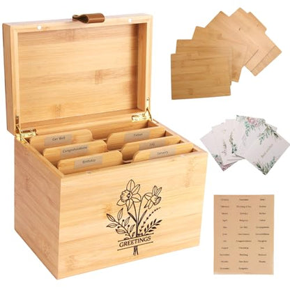Large Bamboo Greeting Card Organizer Box with 6 Removable Dividers, Real Leather Handle, 100% Handmade Solid Bamboo, Storage Box for Christmas, Valentine, & Birthday Cards, Postcards, Stationery - color: Wood