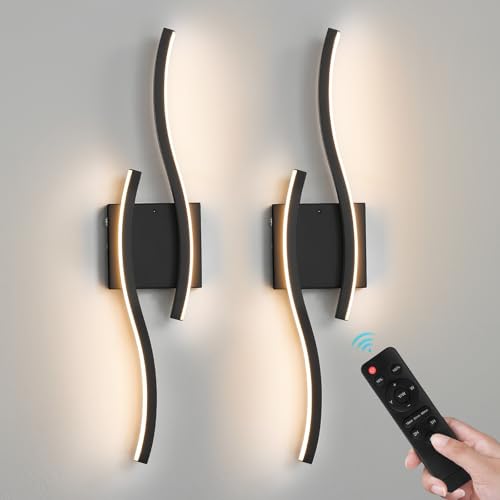Black Battery Operated Wall Sconces: 23.6 Inch Rechargeable Sconce Lighting Set of 2 with Remote /3 Colors/10-100% Dimming/Timer Modern LED Wall Light for Bedroom Living Room Hallway Bathroom, 2 Pcs - color: Black, size: 23.6 Inch
