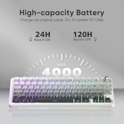 RedThunder K75 Wireless Mechanical Keyboard, CNC Knob, Tri-Mode BT5.0/2.4GHz/USB-C Hot Swappable Custom, Cremy Sound, Pre-lubed Linear Switches, RGB Gaming Keyboard, Side Fonts, Gradient White-Gray - color: S Gradient White-Gray