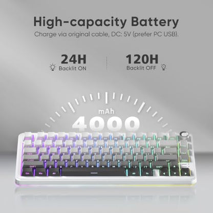 RedThunder K75 Wireless Mechanical Keyboard, CNC Knob, Tri-Mode BT5.0/2.4GHz/USB-C Hot Swappable Custom, Cremy Sound, Pre-lubed Linear Switches, RGB Gaming Keyboard, Side Fonts, Gradient White-Gray - color: S Gradient White-Gray