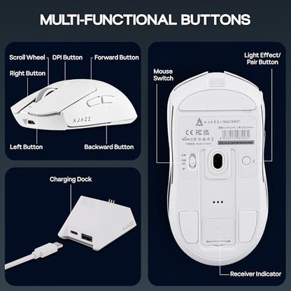 MechLands AJAZZ AJ139 V2 MC Gaming Mouse with Charging Base, Adjustable 12,000 DPI, PAW3311 Sensor, 3 Modes Wireless Mouse, 500mAh Battery, 1000 Polling Rate, 66g Lightweight, Win/Mac (White) - color: White
