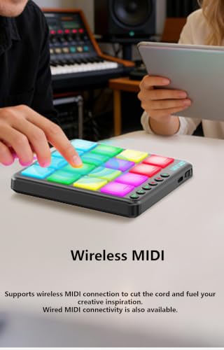 Mini Wireless MIDI Controller Pads, Mini Controller Pad for Beat Making & DJ Performance, 16 RGB Velocity Pads with Aftertouch, Bluetooth & USB MIDI