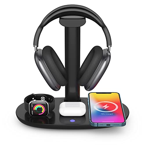 Headphone Stand with 15w Wireless Charger, Suguder 4 in 1 Charging Station Headset Holder for AirPods Max/Pro/4/3/2 iWatch 10/9/8/7/6/5/4/3/2/1/SE iPhone 17/16/15/14/13/12/11/X for Desktop Table Game - color: Black