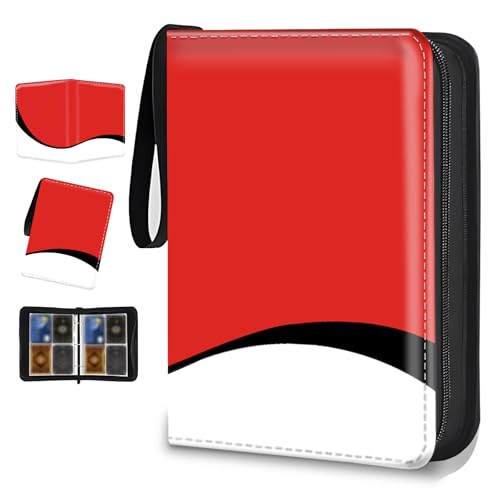 4 Pocket Trading Card Binder, Holds 400 Cards, PU Zipper Binder | PU leather cover, holds 400 cards, 50 removable pages, zipper closure, portable storage and protection. - color: Red, black and white