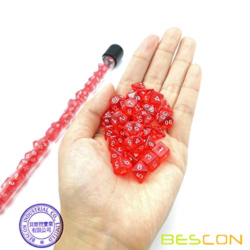 Bescon 28-Piece Translucent Red Mini Polyhedral Dice Set, 4 Complete 7-Die Sets, Ruby Color Resin Gaming Dice for Dungeons and Dragons, Includes Clear Storage Tube - color: 4x7 28pcs Gem Red Tube