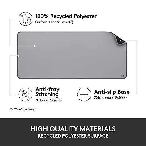 Logitech Desk Mat Studio Series Large Pad 30L x 70W cm - Mid Grey | Multifunctional large pad, extended mouse surface, office desk protector, anti-slip base, spill-resistant - color: Mid-grey