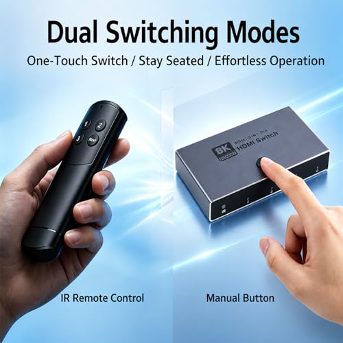8K HDMI Switch: HDMI 2.1 Switcher 3 in 1 Out Supports CEC 8K@60Hz, 4K@240Hz, HDCP 2.3 HDR 3D Dolby Atmos VRR IR Remote Compatible with Popular Gaming Consoles and Media Devices